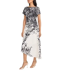 Maggy London Crew Neck Short Sleeve Printed Georgette Sheath Midi Dress