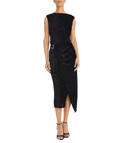 Maggy London Crinkled Velvet Sleeveless Draped Midi Dress