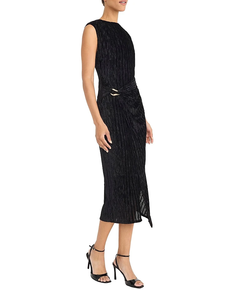 Maggy London Crinkled Velvet Sleeveless Draped Midi Dress