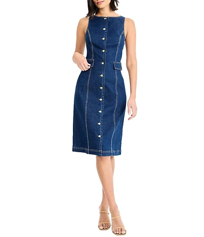 Maggy London Dark Denim Sleeveless Button Down Midi Dress