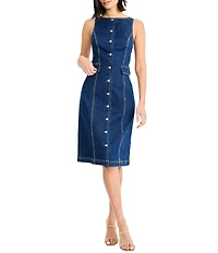 Maggy London Dark Denim Sleeveless Button Down Midi Dress