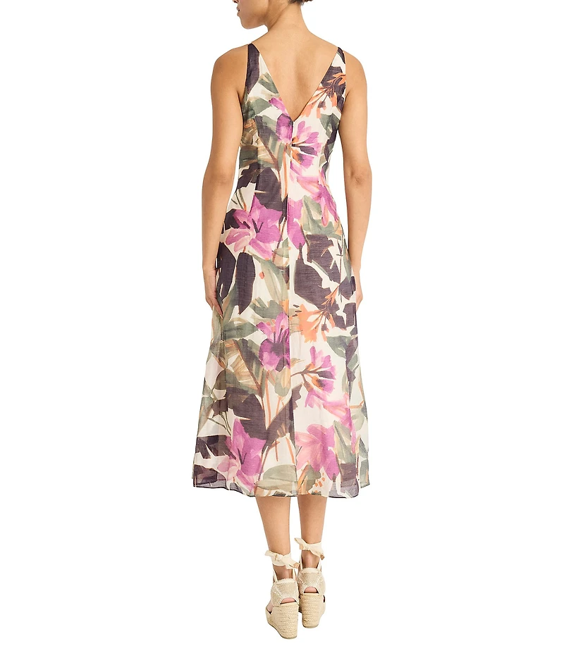 Maggy London Double V-neck Sleeveless Floral Tropical Printed Voile Midi Dress