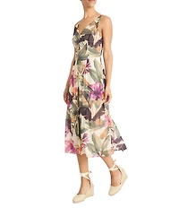 Maggy London Double V-neck Sleeveless Floral Tropical Printed Voile Midi Dress