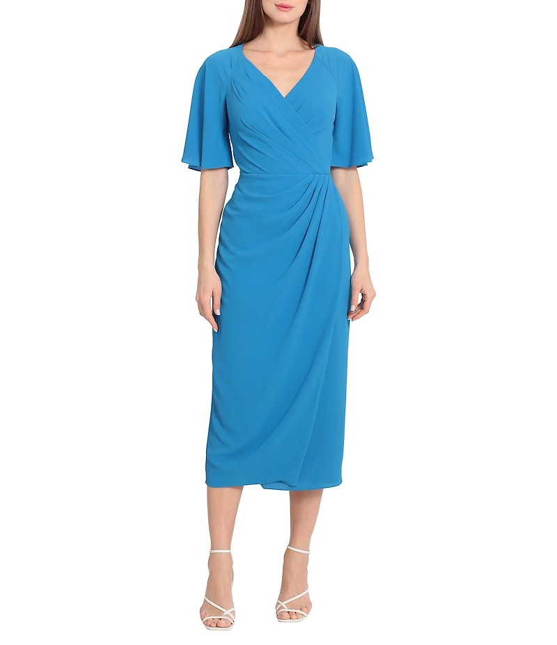 Maggy London Draped Faux Wrap Short Flutter Sleeve Surplice V-Neck Pebble Crepe Midi Dress