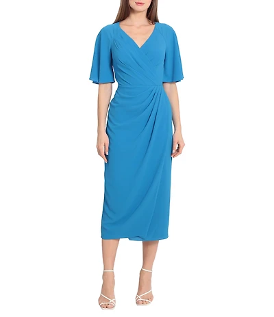 Maggy London Draped Faux Wrap Short Flutter Sleeve Surplice V-Neck Pebble Crepe Midi Dress