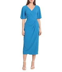 Maggy London Draped Faux Wrap Short Flutter Sleeve Surplice V-Neck Pebble Crepe Midi Dress