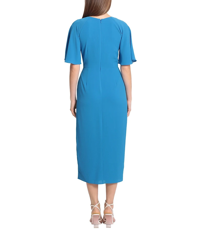 Maggy London Draped Faux Wrap Short Flutter Sleeve Surplice V-Neck Pebble Crepe Midi Dress