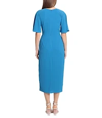 Maggy London Draped Faux Wrap Short Flutter Sleeve Surplice V-Neck Pebble Crepe Midi Dress