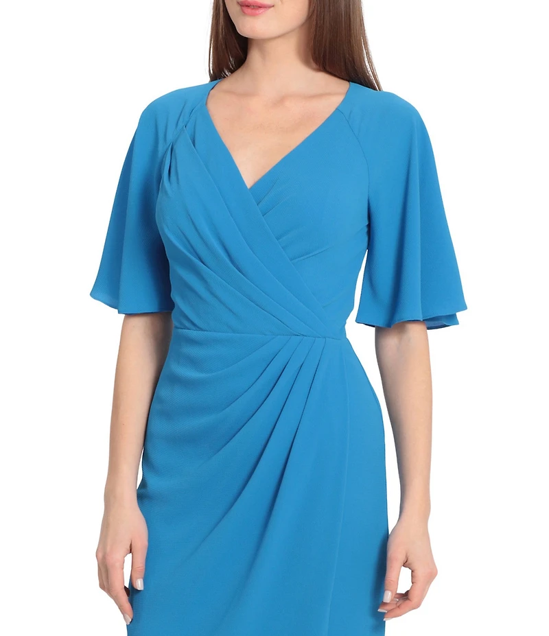 Maggy London Draped Faux Wrap Short Flutter Sleeve Surplice V-Neck Pebble Crepe Midi Dress