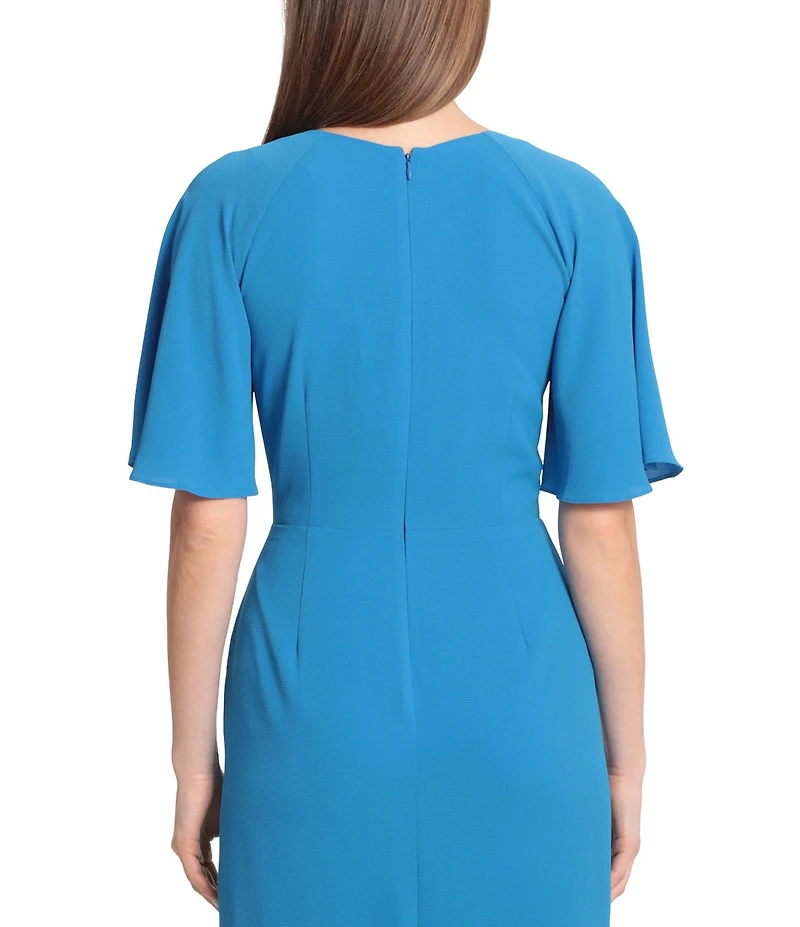 Maggy London Draped Faux Wrap Short Flutter Sleeve Surplice V-Neck Pebble Crepe Midi Dress