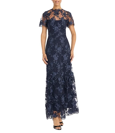 Maggy London Embroidered Mesh Floral Print A-Line Gown