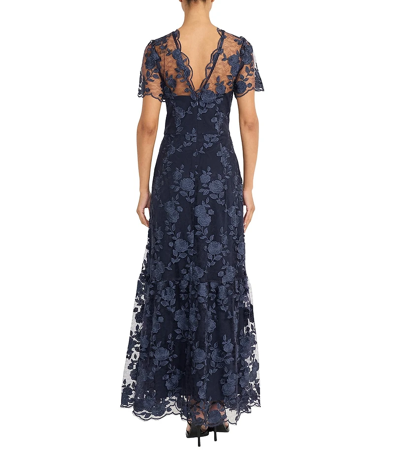 Maggy London Embroidered Mesh Floral Print A-Line Gown