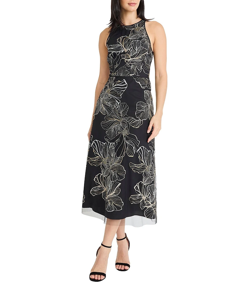 Maggy London Enchantment Embroidered Mesh Sleeveless High Neck Midi Dress