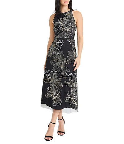 Maggy London Enchantment Embroidered Mesh Sleeveless High Neck Midi Dress