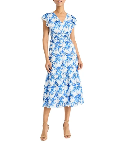 Maggy London Eyelet Floral Print V-Neck Short Sleeve A-Line Midi Dress