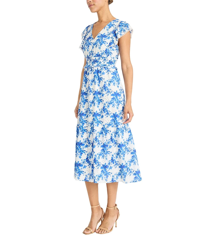 Maggy London Eyelet Floral Print V-Neck Short Sleeve A-Line Midi Dress