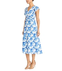 Maggy London Eyelet Floral Print V-Neck Short Sleeve A-Line Midi Dress