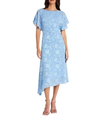 Maggy London Floral Burnout Round Neck Short Flutter Sleeve Midi Dress