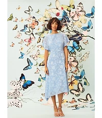 Maggy London Floral Burnout Round Neck Short Flutter Sleeve Midi Dress