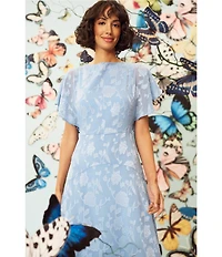 Maggy London Floral Burnout Round Neck Short Flutter Sleeve Midi Dress