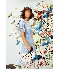 Maggy London Floral Burnout Round Neck Short Flutter Sleeve Midi Dress
