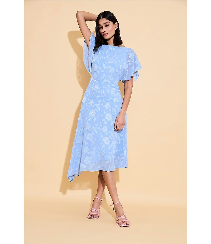 Maggy London Floral Burnout Round Neck Short Flutter Sleeve Midi Dress