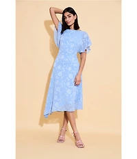 Maggy London Floral Burnout Round Neck Short Flutter Sleeve Midi Dress