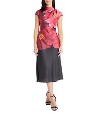 Maggy London Floral Charmeuse Cap Sleeve Ruched Mock Neck Midi Dress