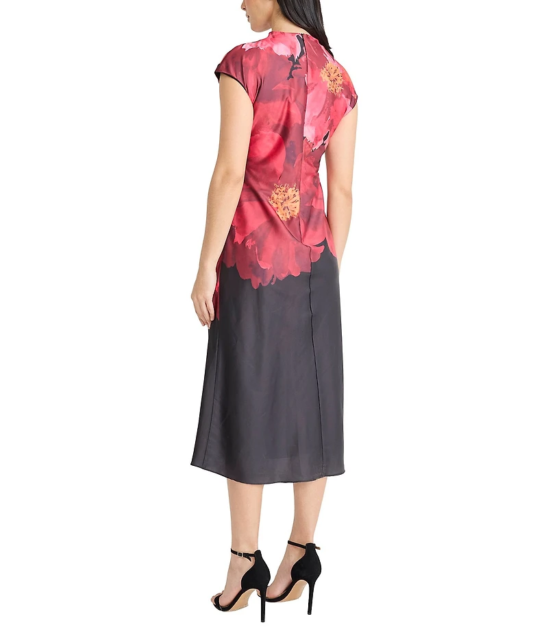 Maggy London Floral Charmeuse Cap Sleeve Ruched Mock Neck Midi Dress