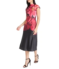 Maggy London Floral Charmeuse Cap Sleeve Ruched Mock Neck Midi Dress