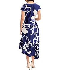 Maggy London Floral Charmeuse Cowl Neck Short Sleeve Asymmetrical Hem A-Line Midi Dress