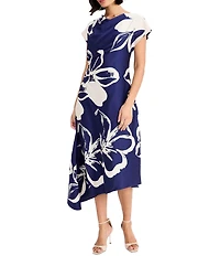 Maggy London Floral Charmeuse Cowl Neck Short Sleeve Asymmetrical Hem A-Line Midi Dress