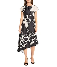 Maggy London Floral Charmeuse Cowl Neck Short Sleeve Asymmetrical Hem A-Line Midi Dress