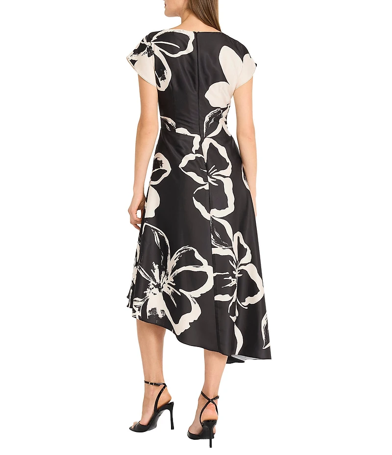 Maggy London Floral Charmeuse Cowl Neck Short Sleeve Asymmetrical Hem A-Line Midi Dress