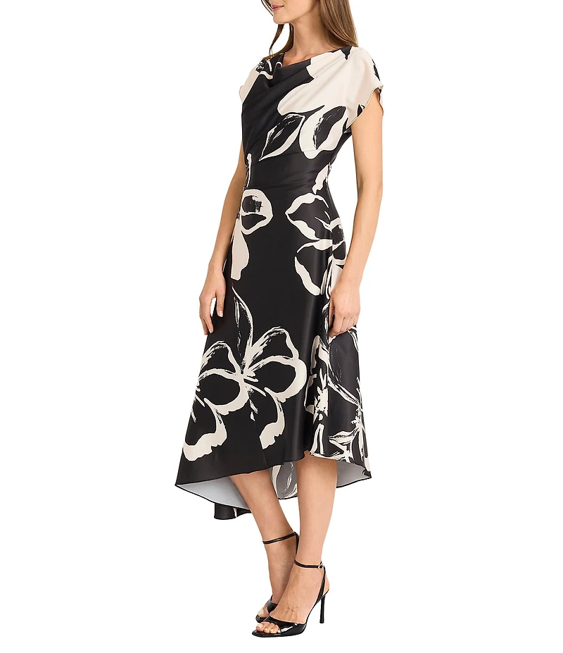Maggy London Floral Charmeuse Cowl Neck Short Sleeve Asymmetrical Hem A-Line Midi Dress