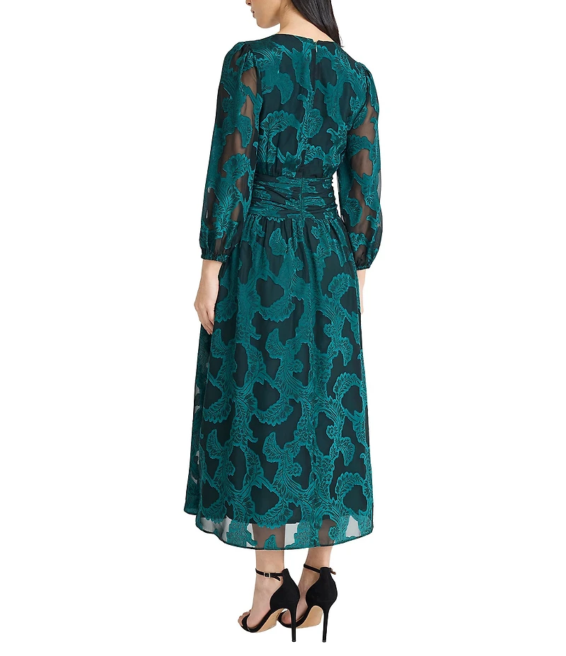 Maggy London Floral Clip Jacquard V-Neck Balloon Long Sleeve Midi Dress