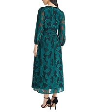 Maggy London Floral Clip Jacquard V-Neck Balloon Long Sleeve Midi Dress