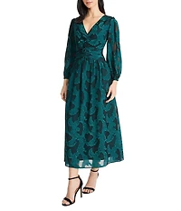 Maggy London Floral Clip Jacquard V-Neck Balloon Long Sleeve Midi Dress