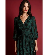 Maggy London Floral Clip Jacquard V-Neck Balloon Long Sleeve Midi Dress