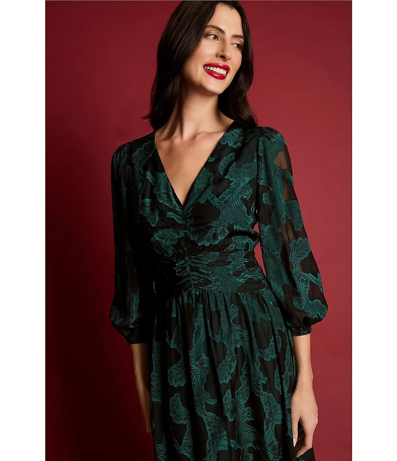 Maggy London Floral Clip Jacquard V-Neck Balloon Long Sleeve Midi Dress