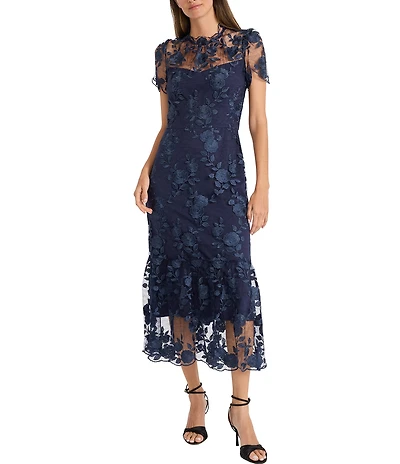 Maggy London Floral Embroidered Illusion Crew Neck Short Sleeve Ruffle Hem Midi Dress