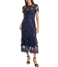 Maggy London Floral Embroidered Illusion Crew Neck Short Sleeve Ruffle Hem Midi Dress