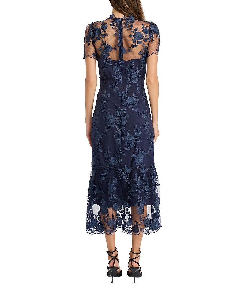 Maggy London Floral Embroidered Illusion Crew Neck Short Sleeve Ruffle Hem Midi Dress