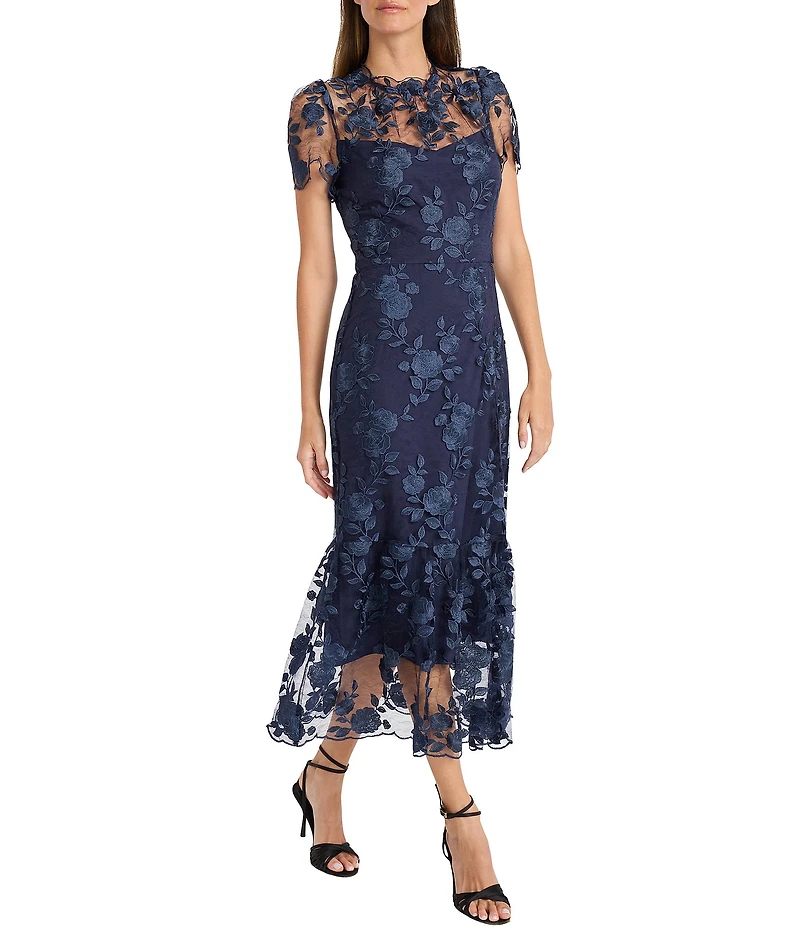 Maggy London Floral Embroidered Illusion Crew Neck Short Sleeve Ruffle Hem Midi Dress