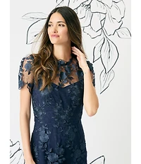 Maggy London Floral Embroidered Illusion Crew Neck Short Sleeve Ruffle Hem Midi Dress