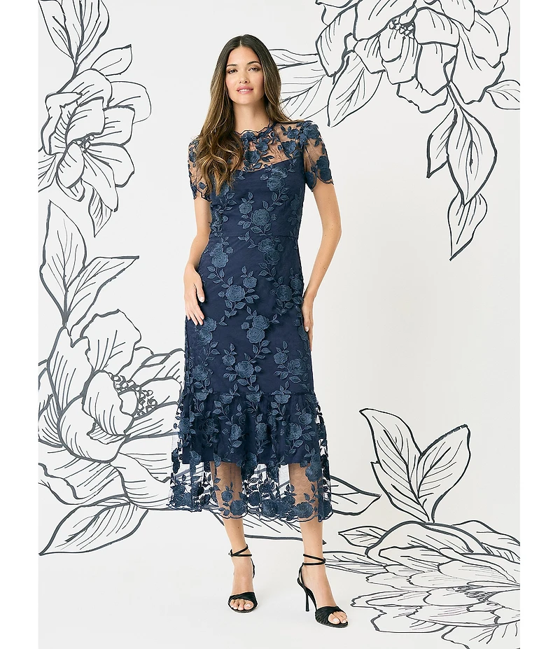 Maggy London Floral Embroidered Illusion Crew Neck Short Sleeve Ruffle Hem Midi Dress