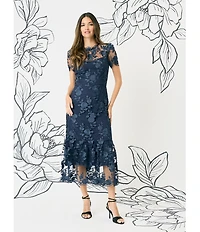 Maggy London Floral Embroidered Illusion Crew Neck Short Sleeve Ruffle Hem Midi Dress