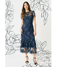 Maggy London Floral Embroidered Illusion Crew Neck Short Sleeve Ruffle Hem Midi Dress