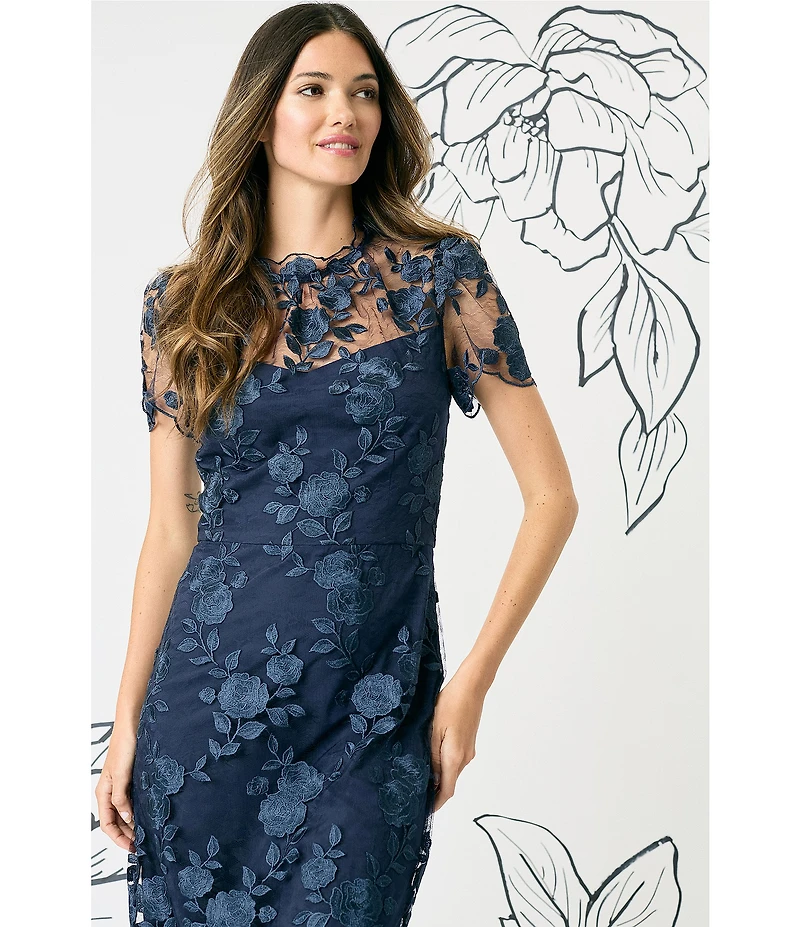 Maggy London Floral Embroidered Illusion Crew Neck Short Sleeve Ruffle Hem Midi Dress