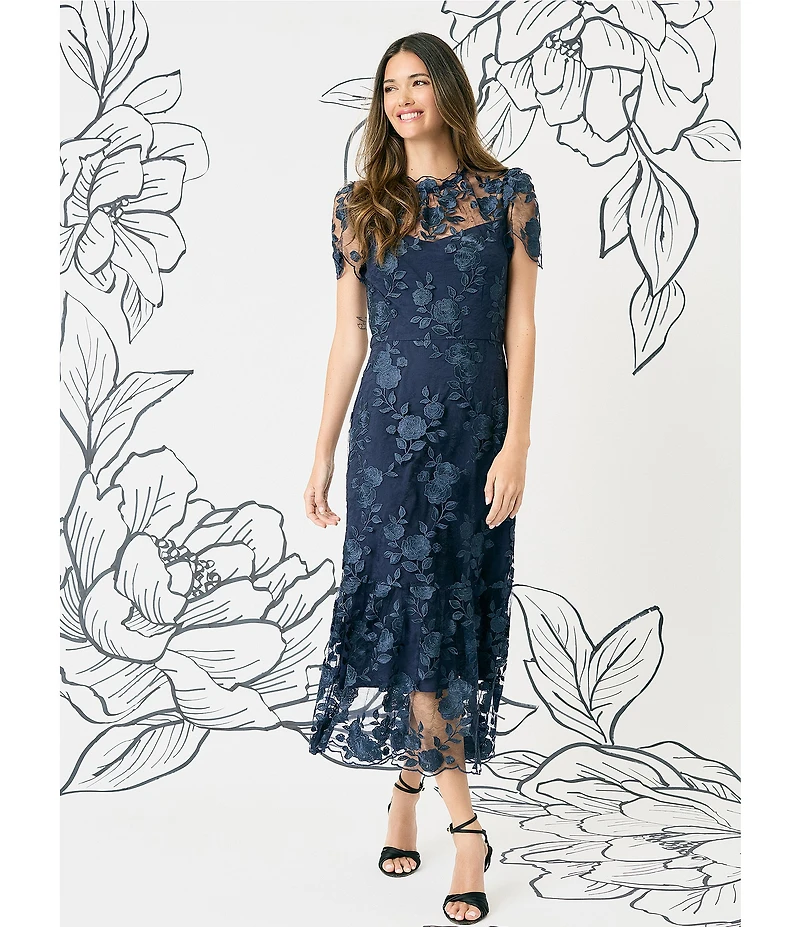 Maggy London Floral Embroidered Illusion Crew Neck Short Sleeve Ruffle Hem Midi Dress